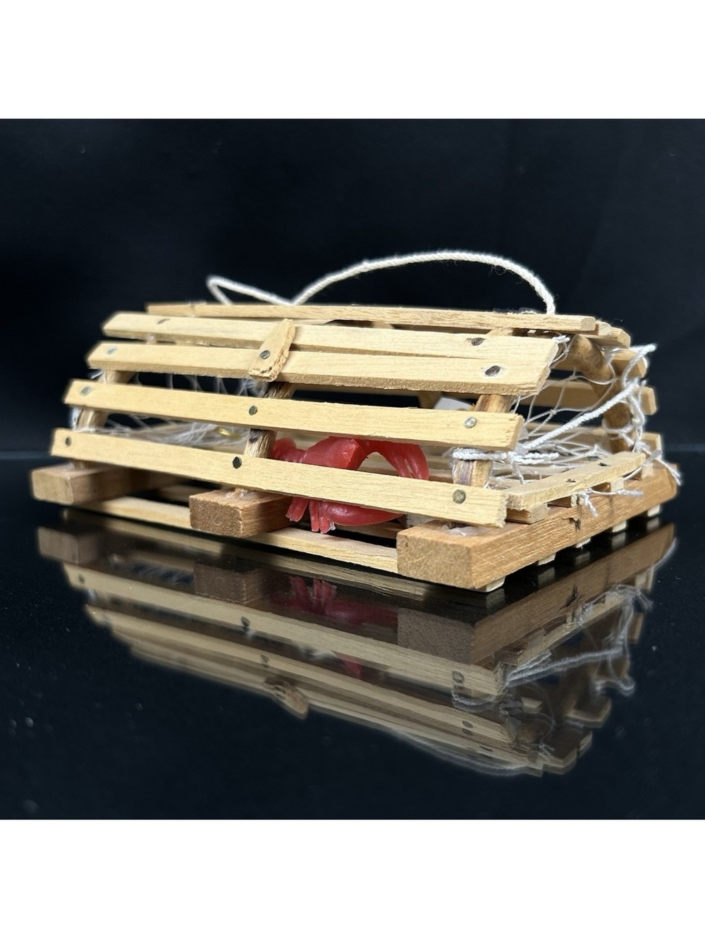 Vintage Wooden Mini Miniature Lobster Trap with Buoy and Lobster